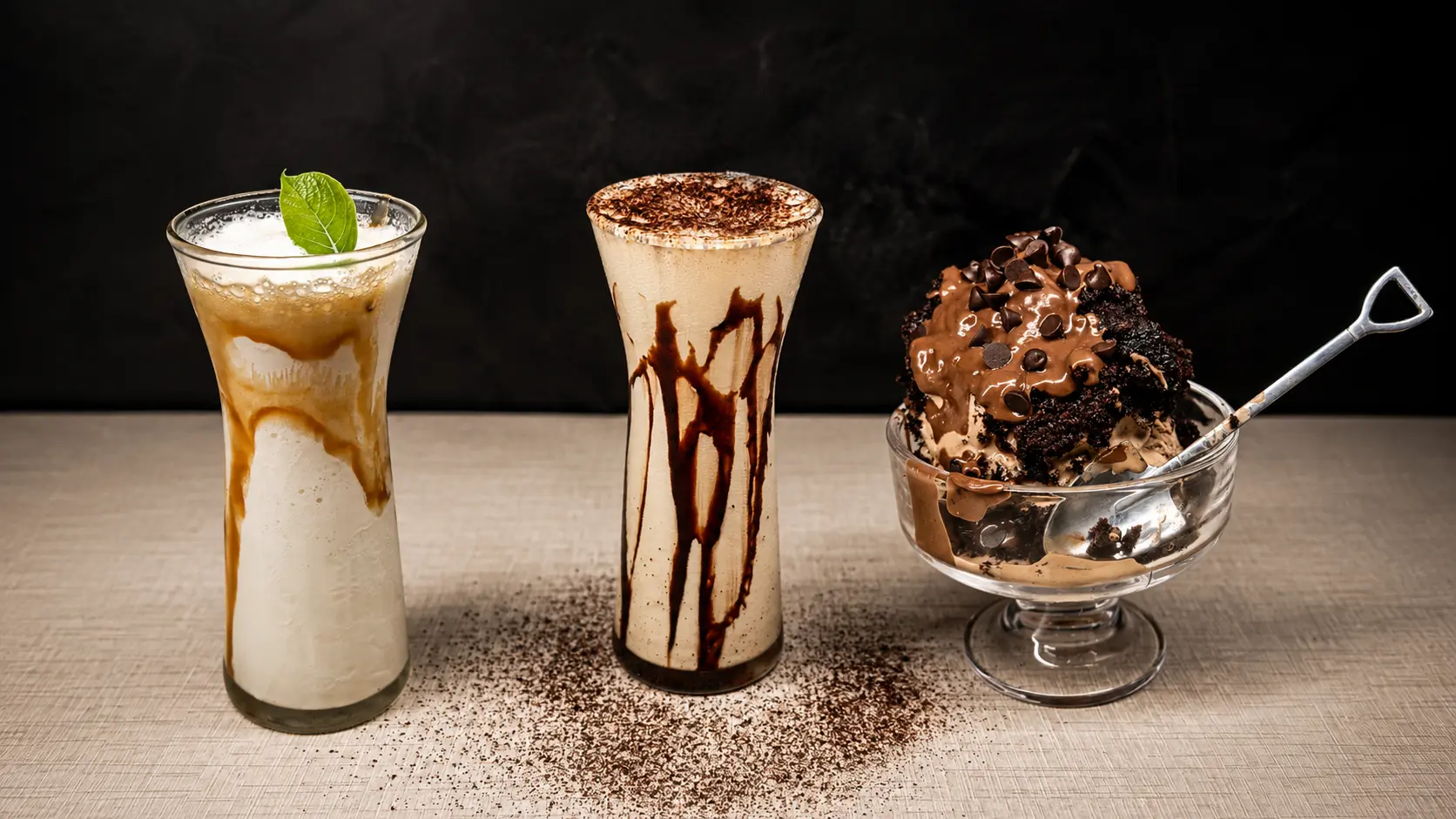 A caramel milkshake, a chocolate milkshake and a chocolate brownie sundae at Black Bird Cafe & Restaurant, Vellore